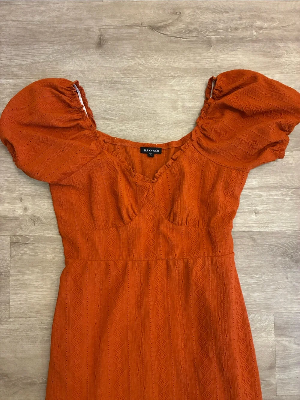 Rust Orange Midi Dress with Puff Sleeves - Picture 2 of 4